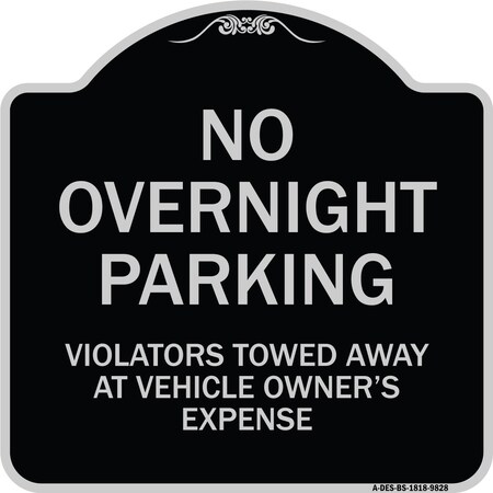 Signmission Designer Series-No Overnight Parking, Black & Silver Heavy-Gauge Aluminum, 18" x 18", BS-1818-9828 A-DES-BS-1818-9828